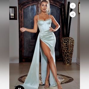 Vanity Mint Satin High Slit Draping Corset Gown With Crystals - MissCircle